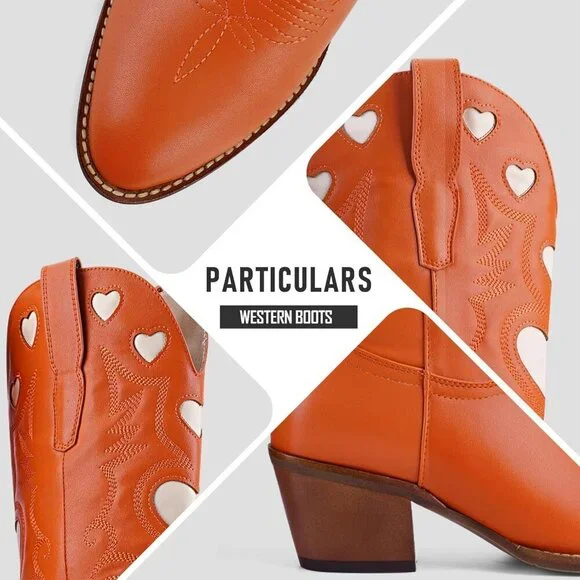 Women's Orange Wide Calf Round Toe Chunky Stacked Heel Knee High Cowgirl Boot - Picture 4 of 9